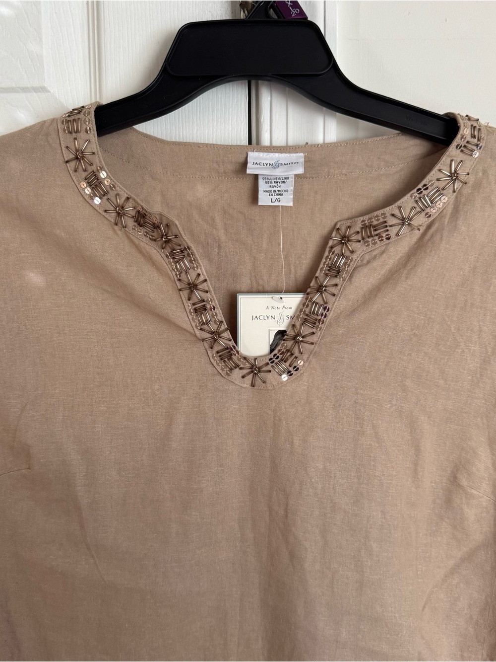 Jaclyn Smith Women's L Linen Blend Tunic Boho Embellished Beaded Tan Top NWT - Picture 4 of 8